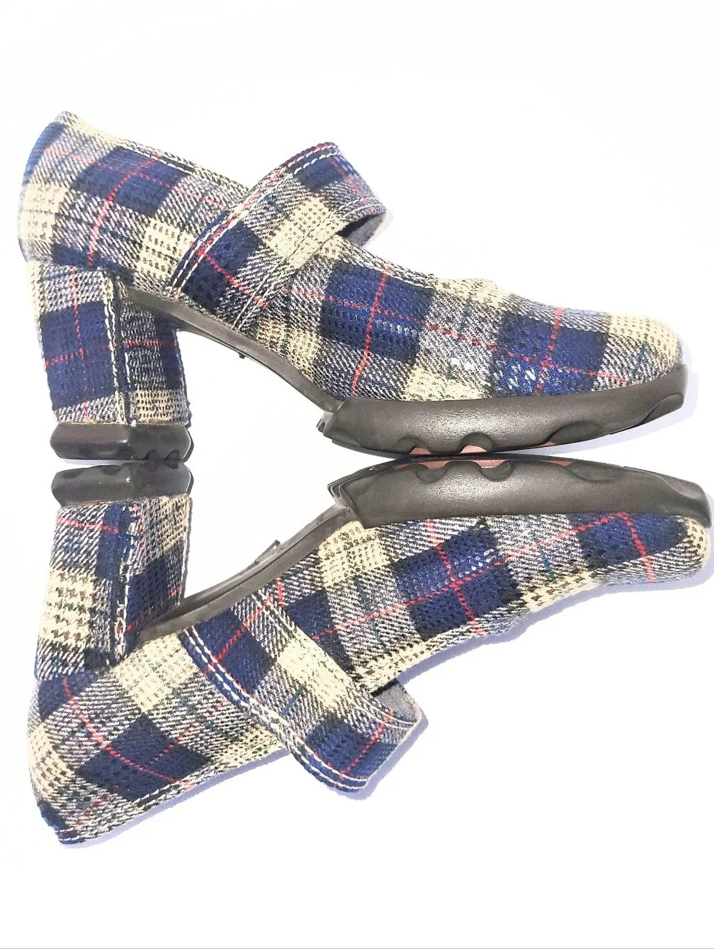 John Fluevog Benatar Blue Plaid Geometric Chunky Heel Mary Janes Size 7